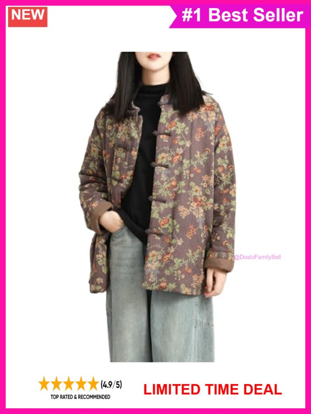 Quilted Cotton Floral Print Long Jacket Loose Casual Coat Frog Buttons